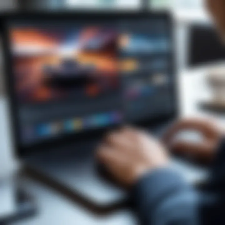 Person using a montage editing app on a laptop, focusing on editing