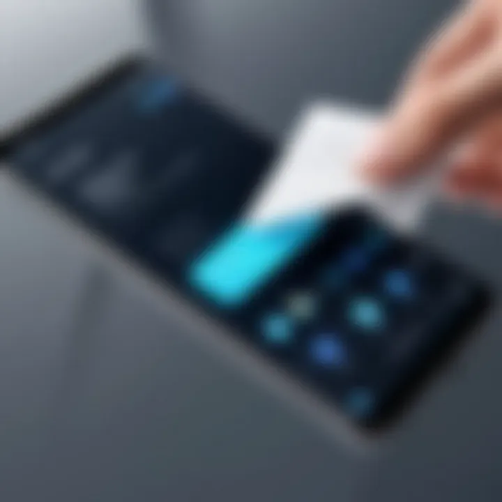 Close-up of a sanitizing wipe being used on a smartphone screen