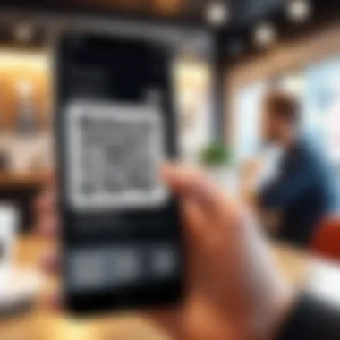 Engaging with QR Codes at a Cafe Scanning a QR code with an iPhone 10 in a cafe setting