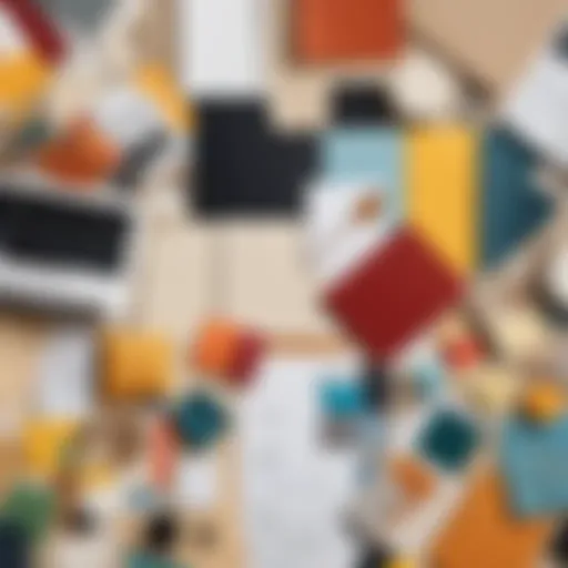 An assortment of collage materials including papers, fabrics, and natural elements