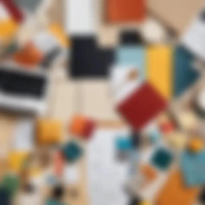 An assortment of collage materials including papers, fabrics, and natural elements