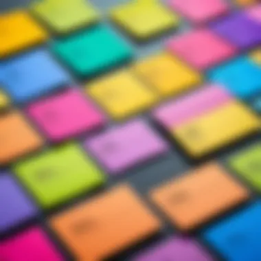 A close-up view of customizable Microsoft Sticky Notes highlighting different colors and fonts.