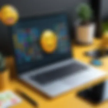 Creative Workspace with Photo Editing App A creative workspace featuring a laptop with an open photo editing app, adorned with playful emoji selections.