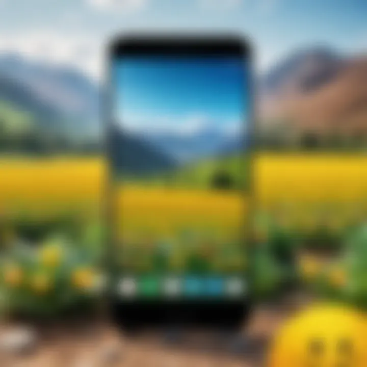 A vibrant smartphone display showcasing an array of emojis overlaying a picturesque landscape photo.