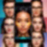 A vibrant display of various cute face filter effects on a smartphone screen