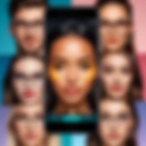 A vibrant display of various cute face filter effects on a smartphone screen