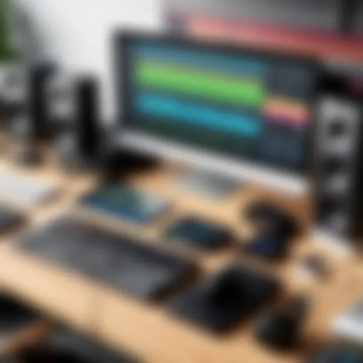 A workspace set up for music production with a computer and audio equipment.
