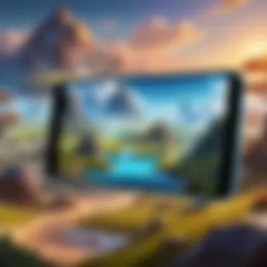A breathtaking fantasy landscape depicting mobile gameplay Fantasy landscape from a mobile MMORPG