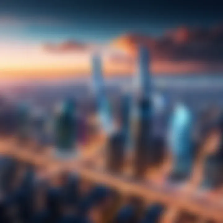 An artistic representation of a city skyline with dynamic lighting effects.