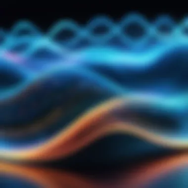 An abstract representation of sound waves and technology merging together.