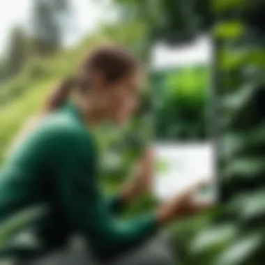 A user engaging with a plant identification app in a natural setting surrounded by greenery.