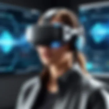 Immersive Virtual Experience User engaging with a virtual environment through a mixed reality headset.