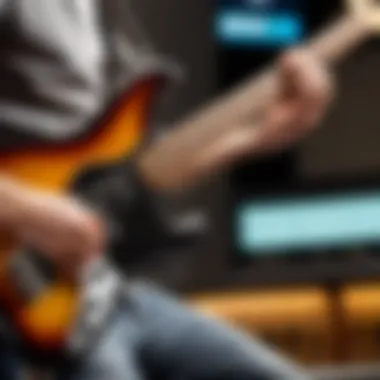 Bass guitarist using the Fender Bass Tuner app in a live performance setting