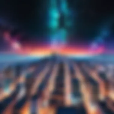 Urban Night with Galaxy Overlay Vibrant colors of a night sky merged with urban cityscapes