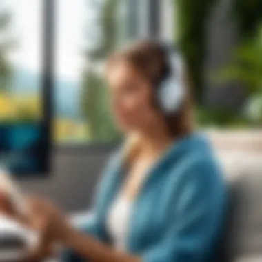 Enjoying Music in a Serene Setting An individual enjoying music with headphones in a serene environment.