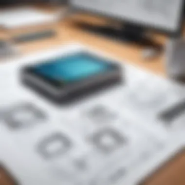 Sketching Innovative Concepts Detailed sketches of an inventive concept on a desk