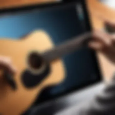 A person playing a guitar with an iPad for recording