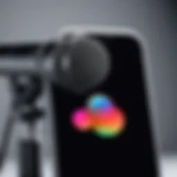 Close-up of an iPhone recording setup with a microphone