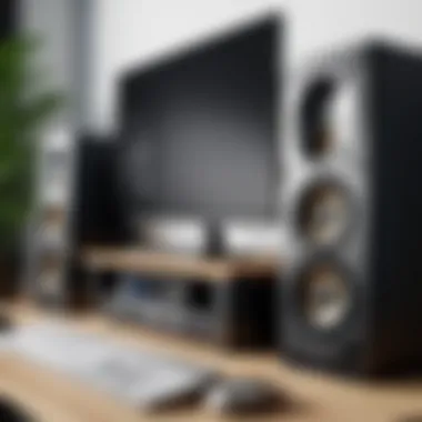 Achieving Balance in Audio-Visual Elements A balanced audio-visual setup featuring speakers and monitors