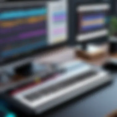 Creative workspace showcasing video editing software with music tracks