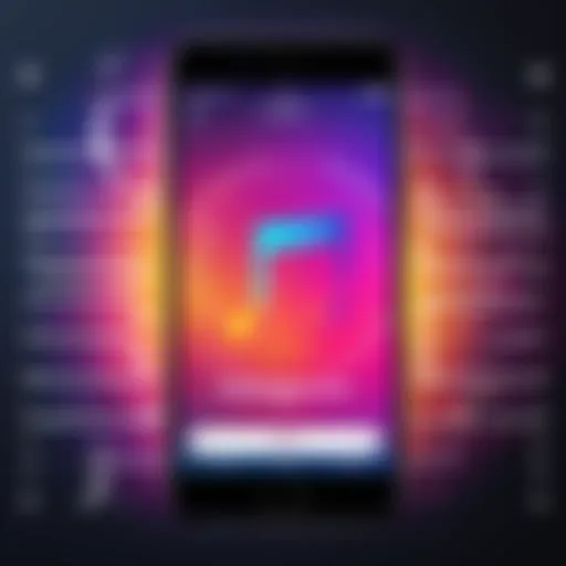 A vibrant display of music notes overlaying an Instagram Story screen