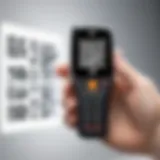 A handheld QR code scanner in action, capturing a code on a product.