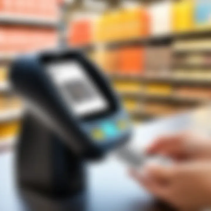 A modern retail environment featuring a barcode scanner at the checkout.