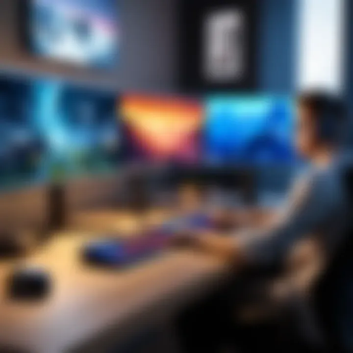 A gamer recording gameplay on a high-end computer with dual monitors.