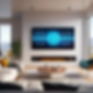 A futuristic display of smart home technology in a modern living room setting.